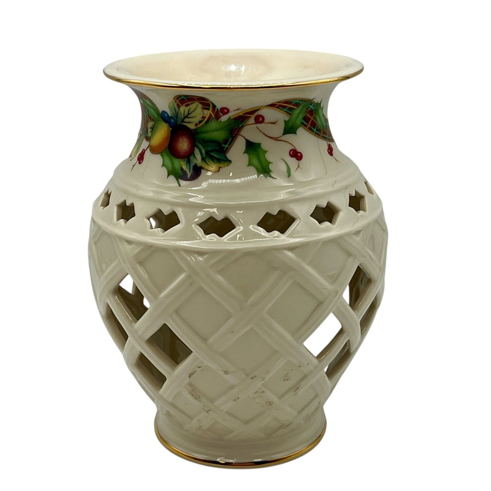Lenox USA Porcelain Christmas Holiday Tartan Tealight Fragrance Warmer Lattice - Picture 1 of 8